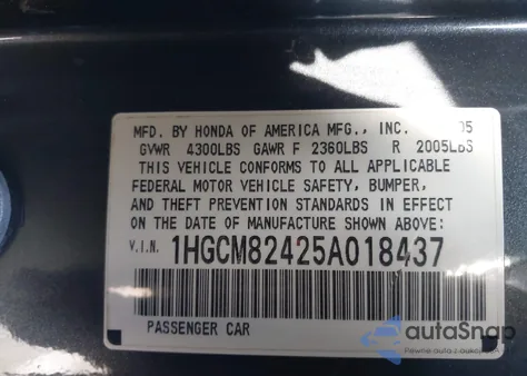 2005 Honda Accord 3.0 Lx Special Edition from USA, damaged, VIN 1HGCM82425A018437